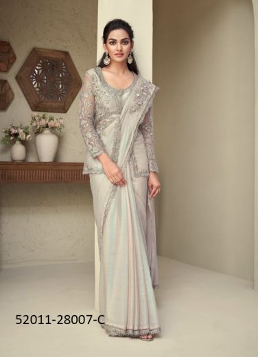 Light Gray Silk Embroidered Party-Wear Boutique-Style Saree With Jacket
