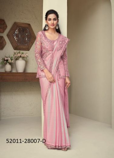 Pink Silk Embroidered Party-Wear Boutique-Style Saree With Jacket
