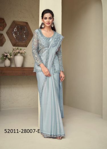Light Blue Silk Embroidered Party-Wear Boutique-Style Saree With Jacket