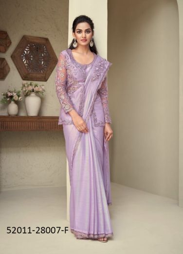 Lavender Silk Embroidered Party-Wear Boutique-Style Saree With Jacket