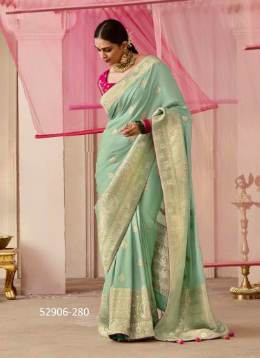 Mint Green Woven Dola Silk Wedding-Wear Saree