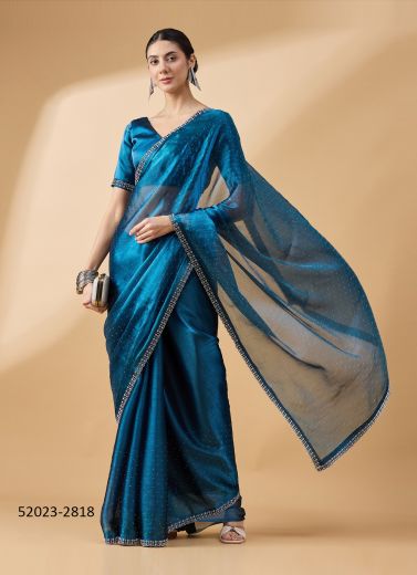Sea Blue Organza Swarovski Work Festive-Wear Beautiful Saree