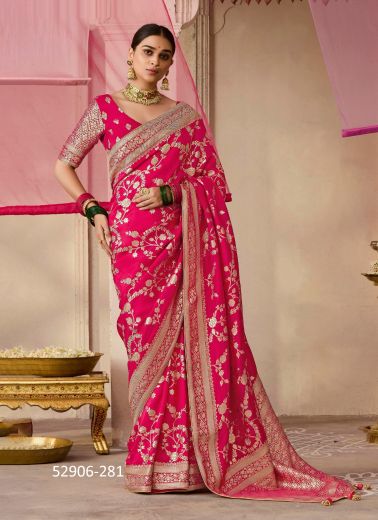 Dark Pink Woven Dola Silk Wedding-Wear Saree