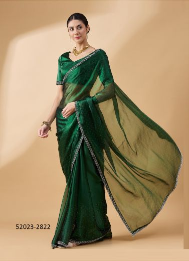 Green Organza Swarovski Work Festive-Wear Beautiful Saree