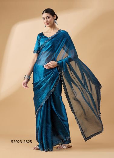Sea Blue Organza Swarovski Work Festive-Wear Beautiful Saree