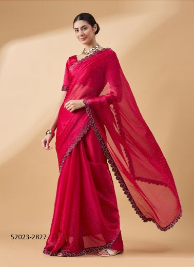 Pink Red Organza Swarovski Work Festive-Wear Beautiful Saree