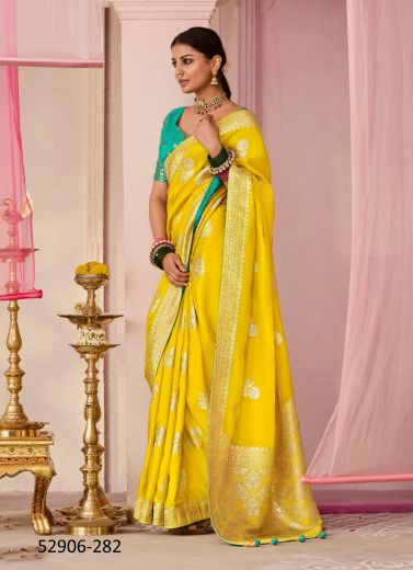 Yellow Woven Dola Silk Wedding-Wear Saree