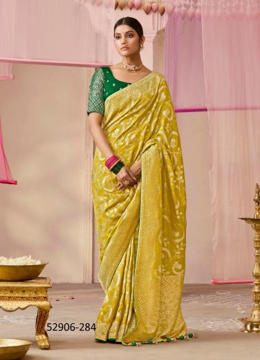 Mustard Yellow Woven Dola Silk Wedding-Wear Saree