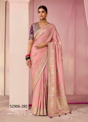 Light Pink Woven Dola Silk Wedding-Wear Saree