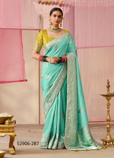 Aqua Green Woven Dola Silk Wedding-Wear Saree