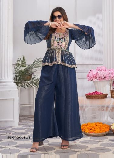 Blue Georgette Handwork Party-Wear Readymade Indo-Western Outfit