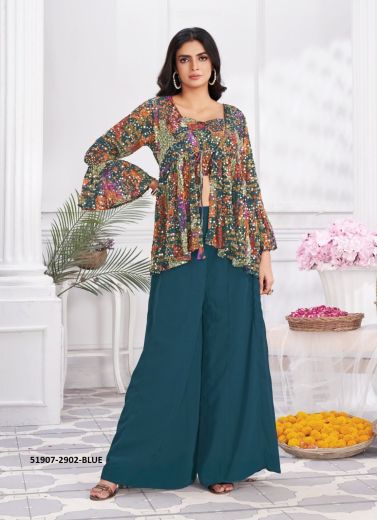 Sea Blue Georgette Handwork Party-Wear Readymade Indo-Western Outfit