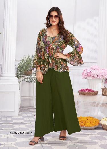 Olive Green Georgette Handwork Party-Wear Readymade Indo-Western Outfit