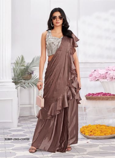 Coffee Brown Satin Silk Handwork Party-Wear Ready-To-Wear Frill Saree