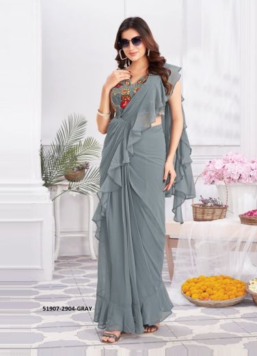 Gray Satin Silk Handwork Party-Wear Ready-To-Wear Frill Saree