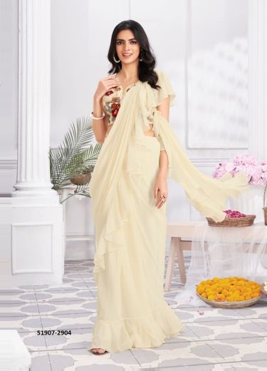 Cream Satin Silk Handwork Party-Wear Ready-To-Wear Frill Saree