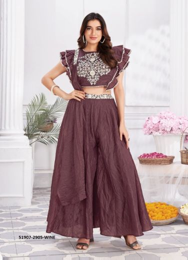 Wine Georgette Handwork Party-Wear Readymade Indo-Western Outfit