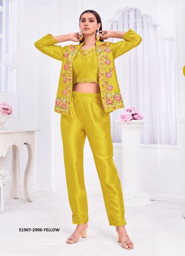 Yellow Tussar Silk Handwork Party-Wear Readymade Indo-Western Outfit With Tussar Silk Jacket