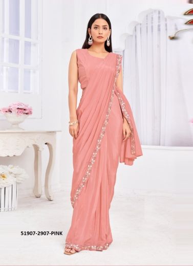 Salmon Pink Tussar Silk Handwork Party-Wear Ready To Wear Saree