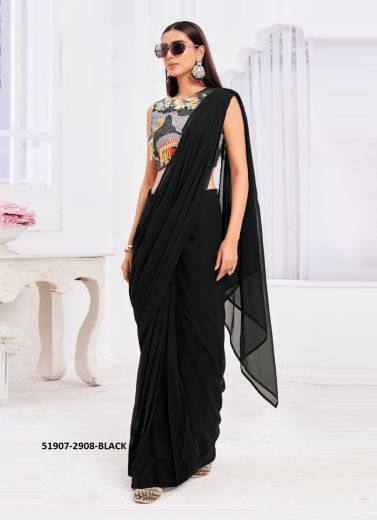 Black Georgette Handwork Party-Wear Ready To Wear Saree