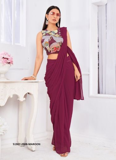 Wine Red Georgette Handwork Party-Wear Ready To Wear Saree