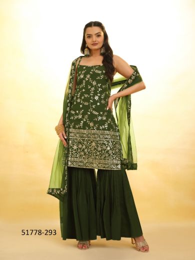 Olive Green Georgette Embroidered Party-Wear Trending Readymade Sleeveless Salwar Kameez