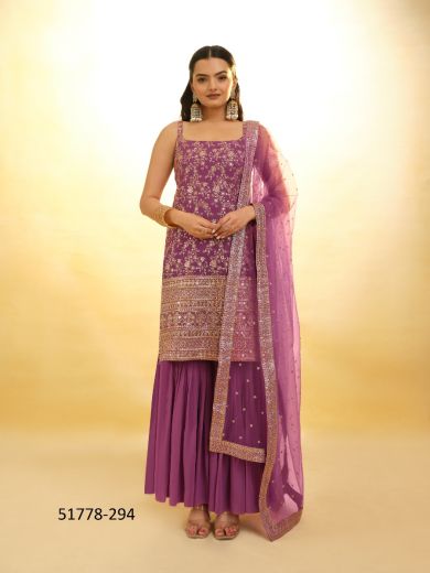 Lilac Georgette Embroidered Party-Wear Trending Readymade Sleeveless Salwar Kameez