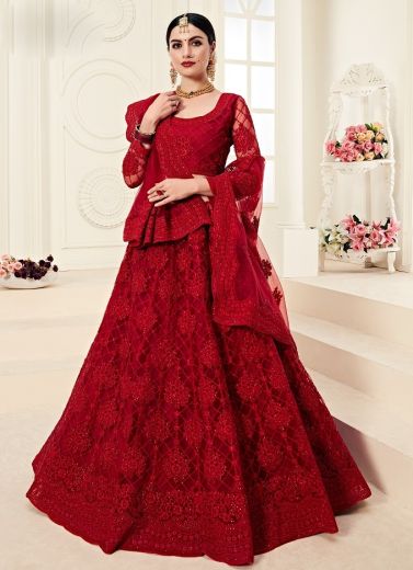 Ruby Red Net Silk Satin 2 Layer Inner With Can-Can Wedding Lehenga Choli