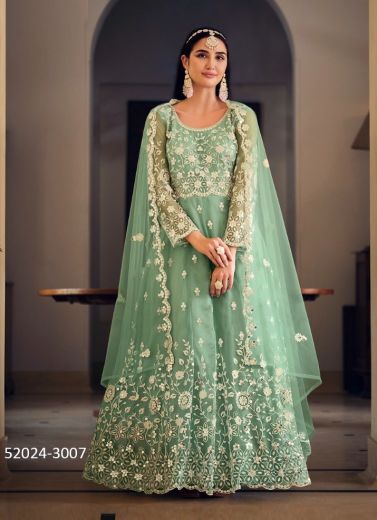Mint Green Net Embroidered Party-Wear Floor-Length Salwar Kameez