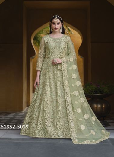 Light Green Net Embroidered Floor-Length Salwar Kameez For Traditional / Religious Occasions