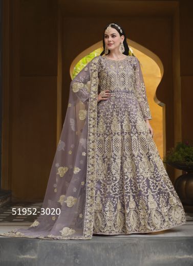 Lavender Net Embroidered Floor-Length Salwar Kameez For Traditional / Religious Occasions
