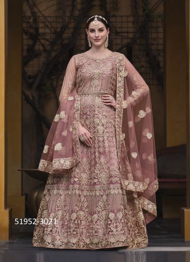 Dark Pink Net Embroidered Floor-Length Salwar Kameez For Traditional / Religious Occasions