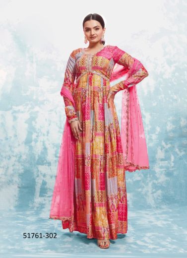 Multicolor Muslin Digitally Printed Festive-Wear Trending Readymade Gown With Dupatta