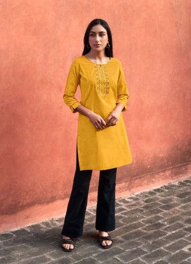 Yellow Cotton Embroidered Office-Wear Straight-Line Readymade Kurti