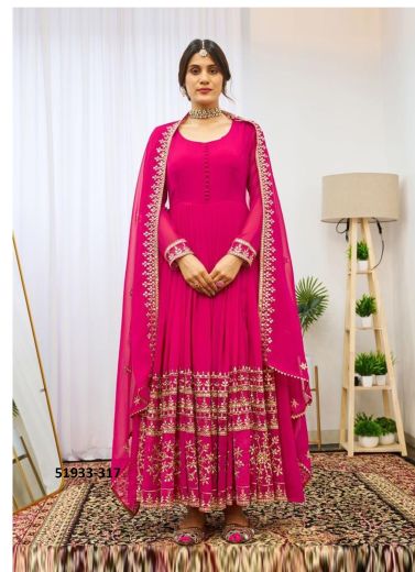 Magenta Georgette Embroidered Readymade Gown With Dupatta For Traditional / Religious Occasions