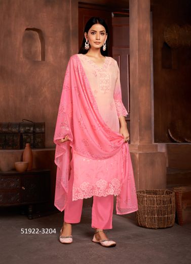 Pink & Peach Organza Digitally Printed Festive-Wear Pant-Bottom Readymade Salwar Kameez