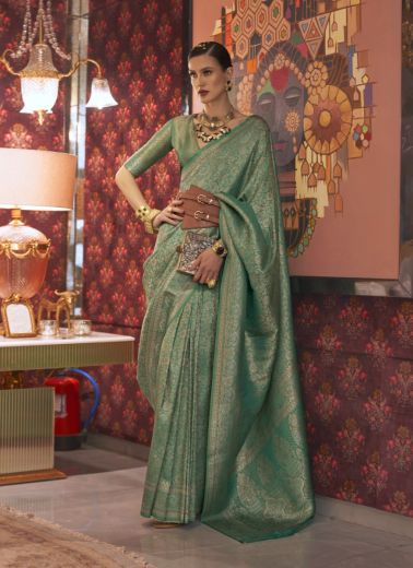 Sea Green Two-Tone Nylon Silk Saree with Multi-Zari Handloom Weaving