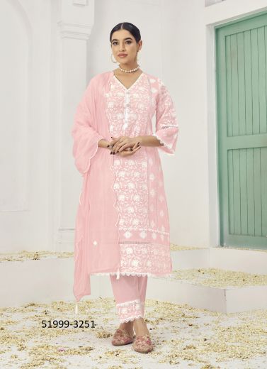 Light Pink Cotton Thread-Work Festive-Wear Pant-Bottom Readymade Salwar Kameez