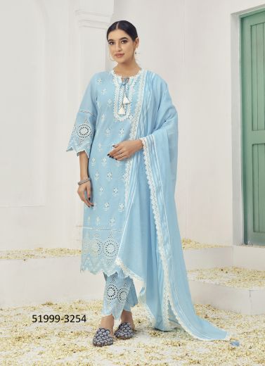 Sky Blue Cotton Thread-Work Festive-Wear Pant-Bottom Readymade Salwar Kameez