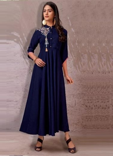 Midnight Blue Rayon Floor-Length Gown 