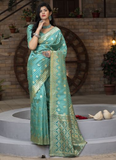 Aqua Banarasi Silk Saree