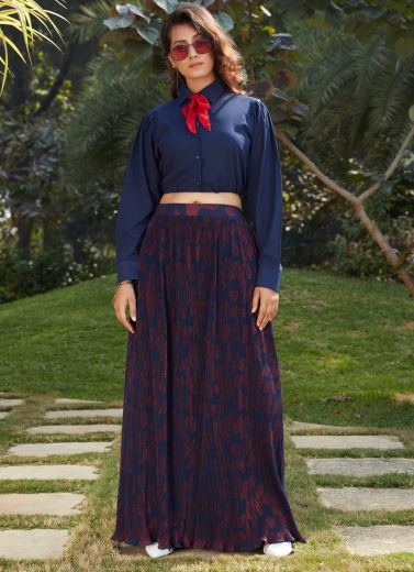 Navy Blue Georgette Readymade Top with Bottom