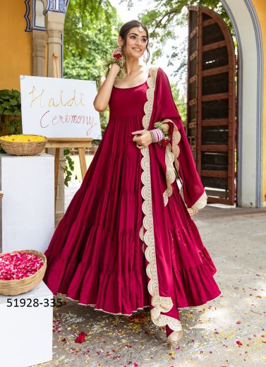 Wine Red Rayon Embroidered Party-Wear Anarkali Readymade Salwar Kameez