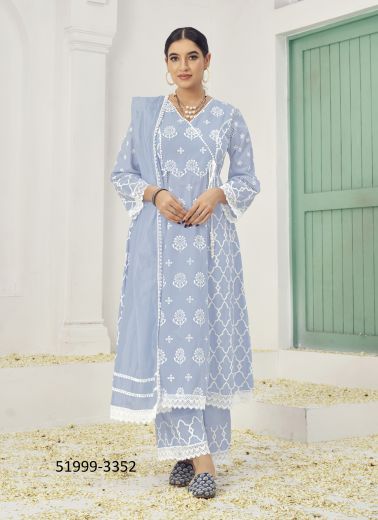 Steel Blue Cotton Thread-Work Festive-Wear Pant-Bottom Readymade Salwar Kameez