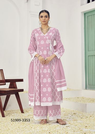 Mauve Pink Cotton Thread-Work Festive-Wear Pant-Bottom Readymade Salwar Kameez