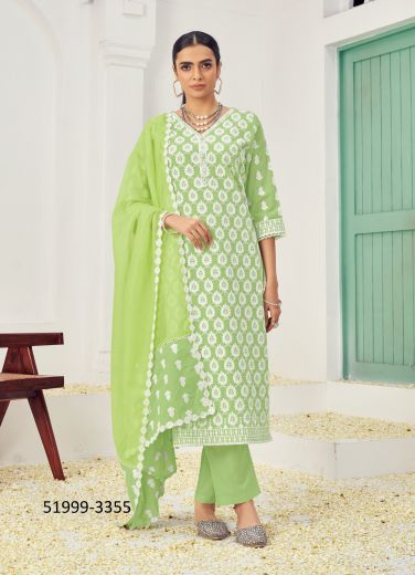 Light Green Cotton Thread-Work Festive-Wear Pant-Bottom Readymade Salwar Kameez