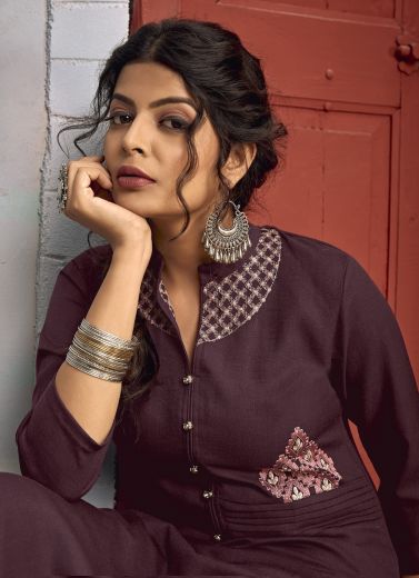 Wine Rayon With Embroidery Work Kurti with Pant