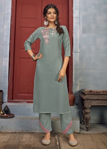 Sage Blue Rayon With Embroidery Work Kurti with Pant