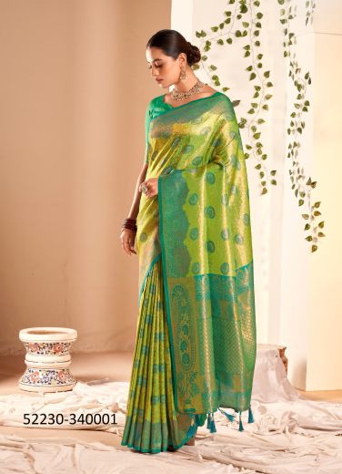 Olive Green Woven Soft Silk Saree For Traditional / Religious Occasions