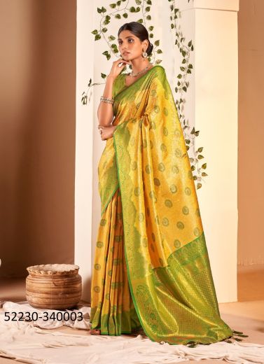 Yellow & Light Green Woven Soft Silk Saree For Traditional / Religious Occasions